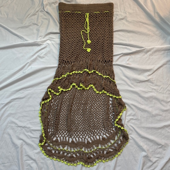 Umgee Dresses & Skirts - Umgee Tan Crochet Boho Fairy Skirt with Asymmetrical Hi Low Hem